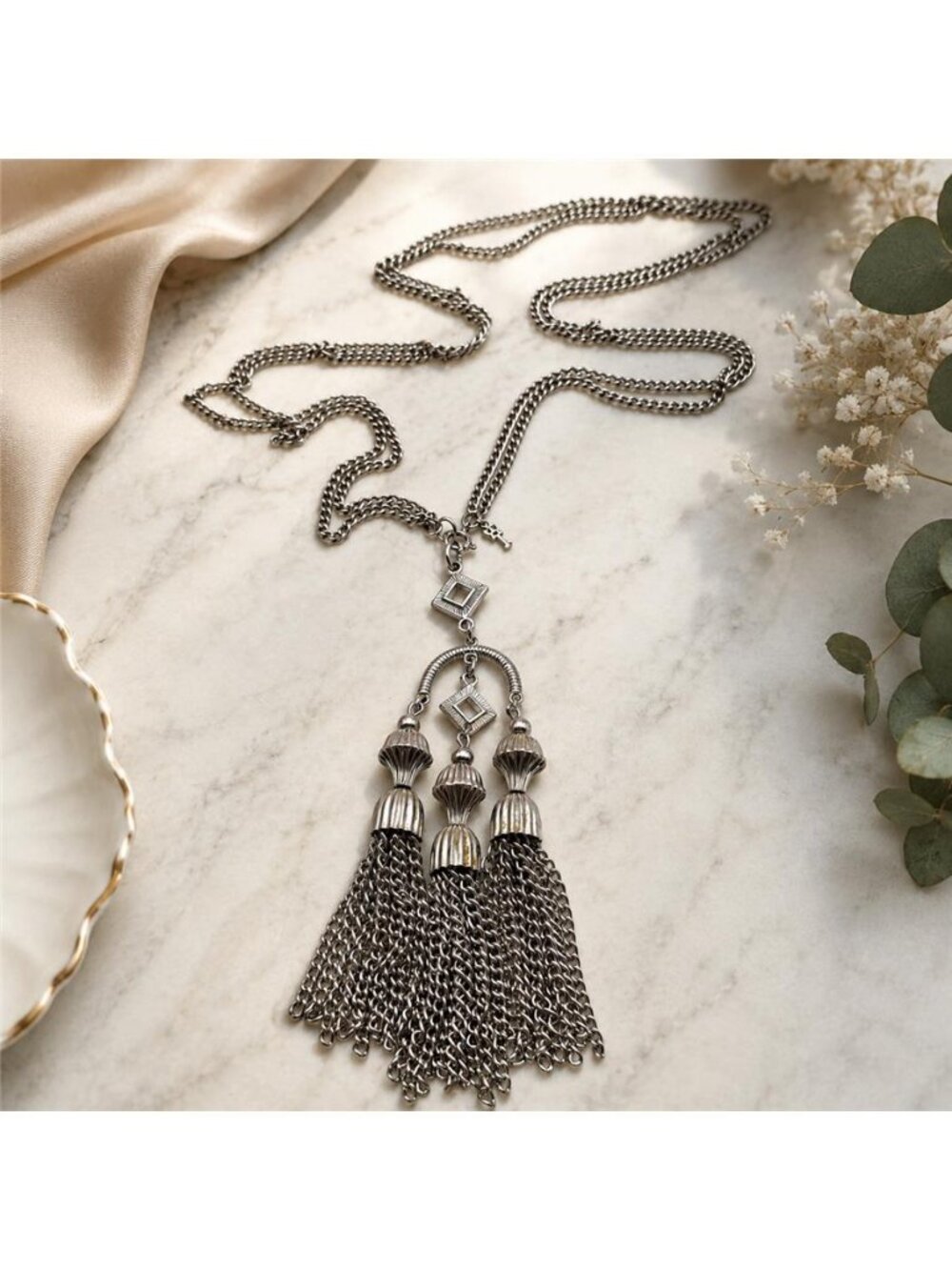 Vintage Trifari Silver Tone Triple Tassel Pendant Necklace 26" Removable